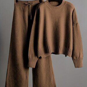 Khaki Casual Women's Pullover Sweater and Wide Leg Pants Two-Piece Set